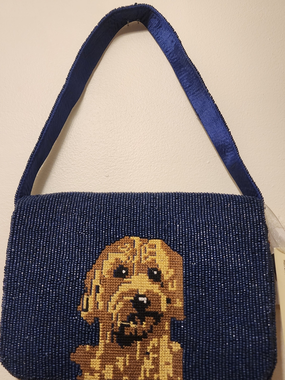 Blue Beaded Dog Tote Bag with Golden Dog Motif